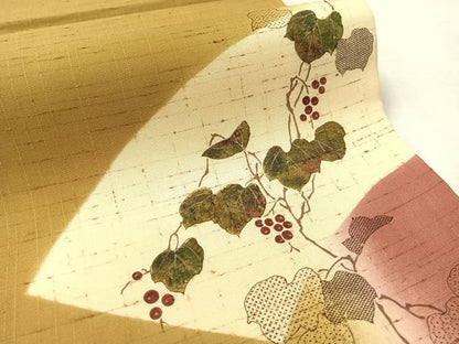 平和屋着物●両方向　太鼓柄袋帯　ぜんまい紬　葡萄蔦の葉文　金彩　正絹　逸品　未使用　CABK4699vp