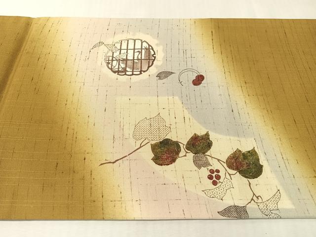 平和屋着物●両方向　太鼓柄袋帯　ぜんまい紬　葡萄蔦の葉文　金彩　正絹　逸品　未使用　CABK4699vp