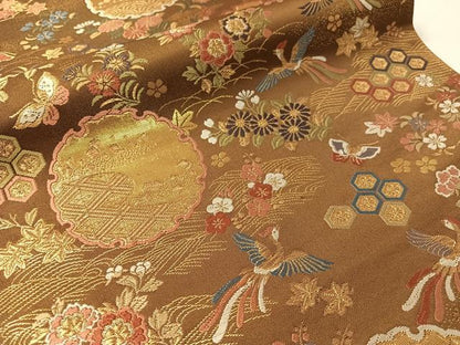 平和屋着物●西陣　橋本テル織物謹製　六通柄袋帯　唐織　雪輪花鳥蝶文　金糸　証紙付き　正絹　逸品　CABK4710vp