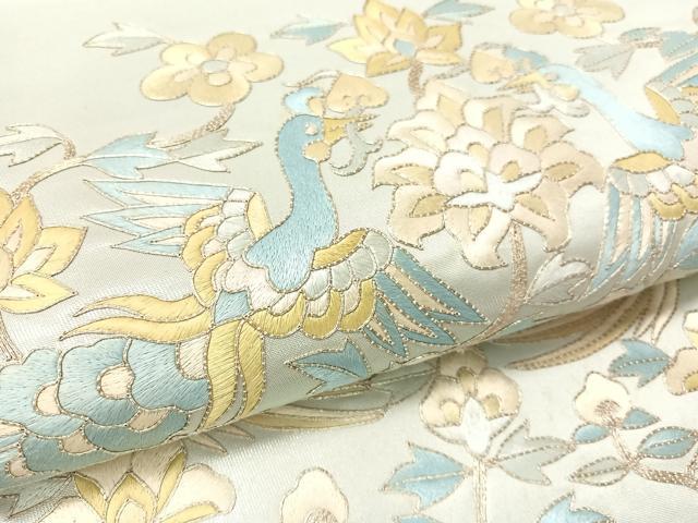 平和屋着物●西陣　川島織物　太鼓柄袋帯　総刺繍　駒刺繍　更紗花喰鳥　銀糸　正絹　逸品　未使用　CABK4712vp