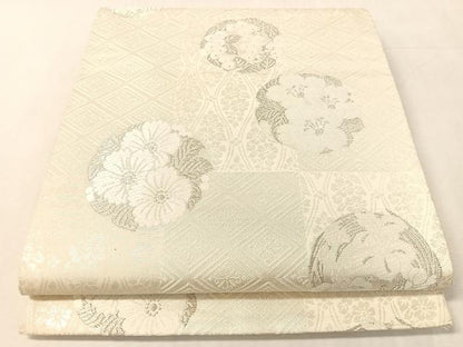 平和屋着物●六通柄袋帯　唐織　市松花丸文　銀糸　正絹　逸品　CABK4723vp