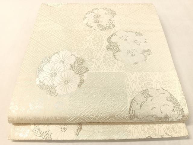 平和屋着物●六通柄袋帯　唐織　市松花丸文　銀糸　正絹　逸品　CABK4723vp