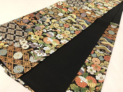 平和屋着物●六通柄袋帯　唐織　横段鳳凰花文　黒地　金糸　正絹　逸品　未使用　CABK4724vp