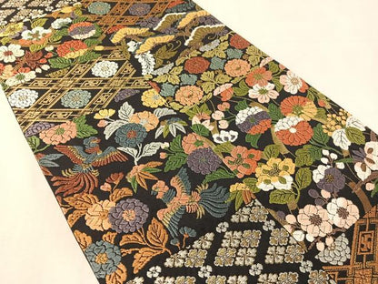 平和屋着物●六通柄袋帯　唐織　横段鳳凰花文　黒地　金糸　正絹　逸品　未使用　CABK4724vp