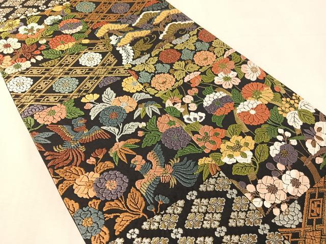 平和屋着物●六通柄袋帯　唐織　横段鳳凰花文　黒地　金糸　正絹　逸品　未使用　CABK4724vp