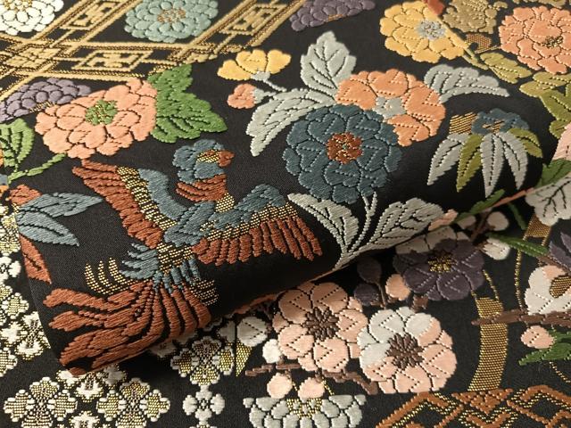 平和屋着物●六通柄袋帯　唐織　横段鳳凰花文　黒地　金糸　正絹　逸品　未使用　CABK4724vp