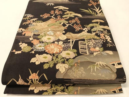 平和屋着物●アンティーク　大正ロマン　全通柄　京袋帯　駒刺繍　御所解文　引き抜き帯　黒地　銀糸　正絹　逸品　CABK4729vp
