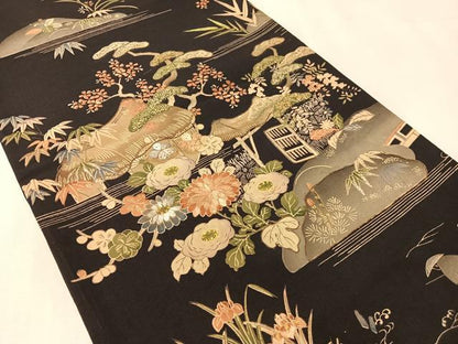 平和屋着物●アンティーク　大正ロマン　全通柄　京袋帯　駒刺繍　御所解文　引き抜き帯　黒地　銀糸　正絹　逸品　CABK4729vp