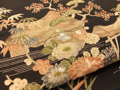 平和屋着物●アンティーク　大正ロマン　全通柄　京袋帯　駒刺繍　御所解文　引き抜き帯　黒地　銀糸　正絹　逸品　CABK4729vp