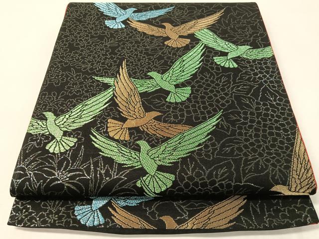 平和屋着物●染色作家　斉藤三才　六通柄袋帯　三才鳥　黒地　金糸　正絹　逸品　CABK4732vp