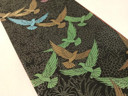 平和屋着物●染色作家　斉藤三才　六通柄袋帯　三才鳥　黒地　金糸　正絹　逸品　CABK4732vp