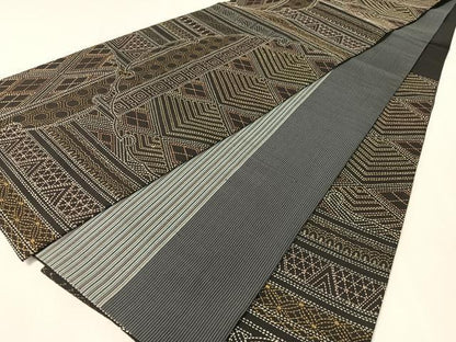 平和屋着物●両面　袋帯　総刺繍　刺し子　雪輪吉祥文　黒地　正絹　逸品　CABK4754vp