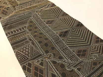 平和屋着物●両面　袋帯　総刺繍　刺し子　雪輪吉祥文　黒地　正絹　逸品　CABK4754vp