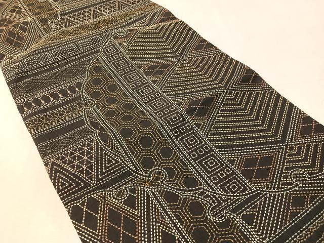 平和屋着物●両面　袋帯　総刺繍　刺し子　雪輪吉祥文　黒地　正絹　逸品　CABK4754vp