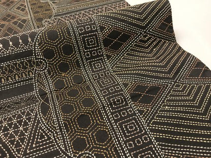 平和屋着物●両面　袋帯　総刺繍　刺し子　雪輪吉祥文　黒地　正絹　逸品　CABK4754vp