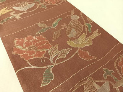 平和屋着物●洛風林　工芸帯地　六通柄袋帯　更紗唐草鳥文　金糸　正絹　逸品　CABK4761vp