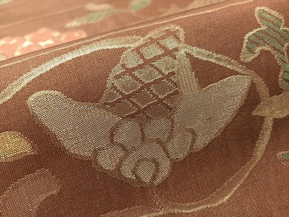 平和屋着物●洛風林　工芸帯地　六通柄袋帯　更紗唐草鳥文　金糸　正絹　逸品　CABK4761vp