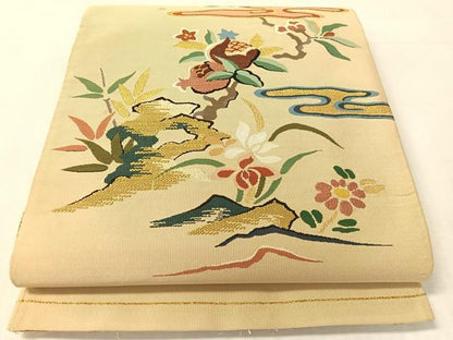 平和屋着物●爪掻き本綴れ　太鼓柄袋帯　霞草花文　金糸　正絹　逸品　CABK4766vp