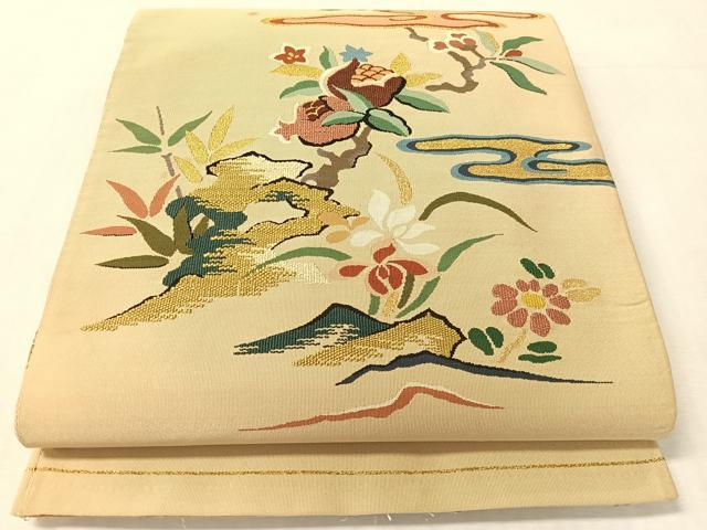 平和屋着物●爪掻き本綴れ　太鼓柄袋帯　霞草花文　金糸　正絹　逸品　CABK4766vp