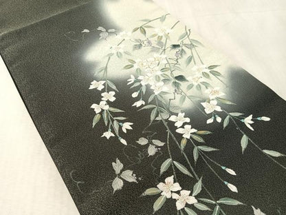 平和屋着物●友禅作家　高橋り明　太鼓柄袋帯　手描き　枝垂れ花文　黒地　銀通し地　さが美扱い　正絹　逸品　未使用　CABK4773vp