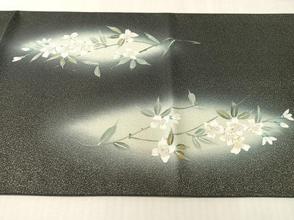 平和屋着物●友禅作家　高橋り明　太鼓柄袋帯　手描き　枝垂れ花文　黒地　銀通し地　さが美扱い　正絹　逸品　未使用　CABK4773vp