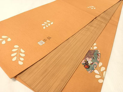 平和屋着物●両面　太鼓柄袋帯　作家物　手描き　紬地　地紙鴛鴦花鼓文　金糸　正絹　逸品　CABK4777vp