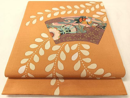 平和屋着物●両面　太鼓柄袋帯　作家物　手描き　紬地　地紙鴛鴦花鼓文　金糸　正絹　逸品　CABK4777vp