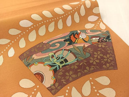 平和屋着物●両面　太鼓柄袋帯　作家物　手描き　紬地　地紙鴛鴦花鼓文　金糸　正絹　逸品　CABK4777vp