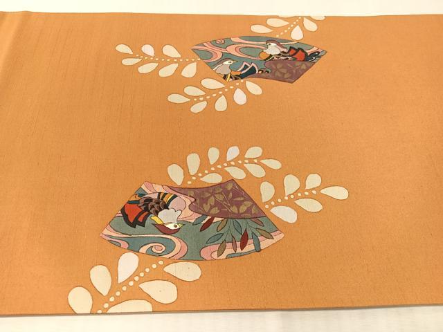 平和屋着物●両面　太鼓柄袋帯　作家物　手描き　紬地　地紙鴛鴦花鼓文　金糸　正絹　逸品　CABK4777vp