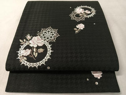 平和屋着物●太鼓柄　京袋帯　刺繍　ラインストーン　バラ　黒地　CABK4779vp