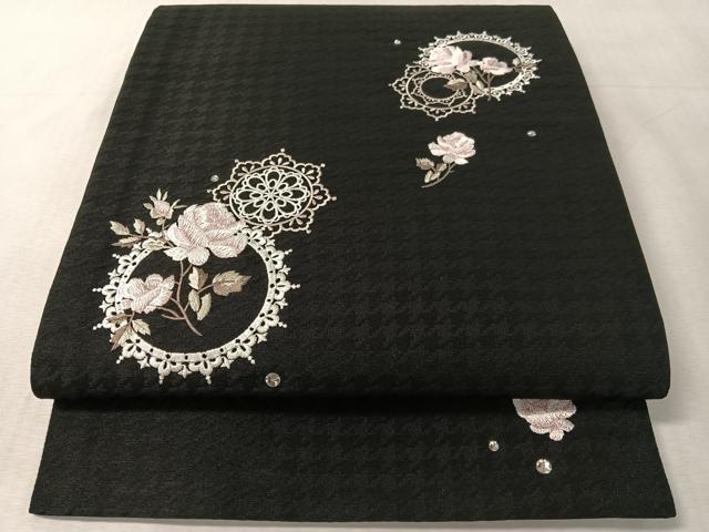 平和屋着物●太鼓柄　京袋帯　刺繍　ラインストーン　バラ　黒地　CABK4779vp