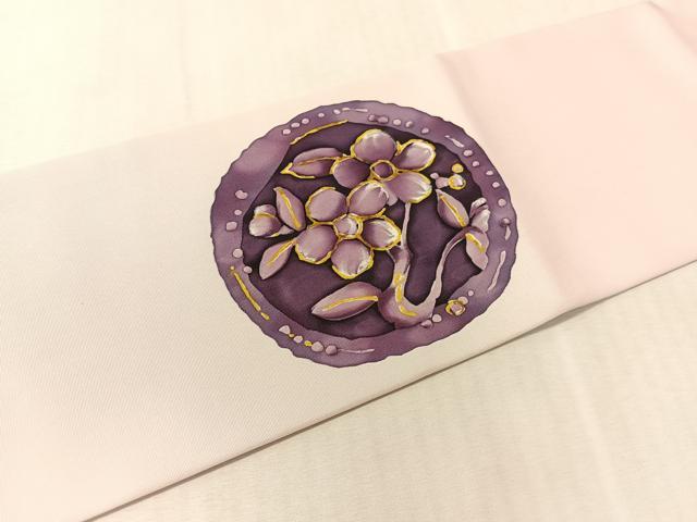 平和屋着物●塩瀬　九寸名古屋帯　ろうけつ染　花絵皿文　正絹　逸品　CABK4783vp
