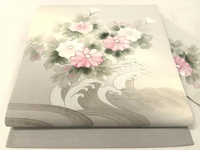平和屋着物●九寸名古屋帯　手描き　紬地　立波花文　正絹　逸品　CABK4788vp