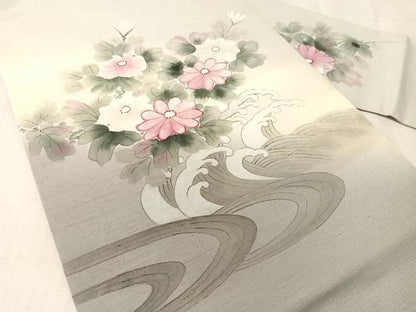 平和屋着物●九寸名古屋帯　手描き　紬地　立波花文　正絹　逸品　CABK4788vp