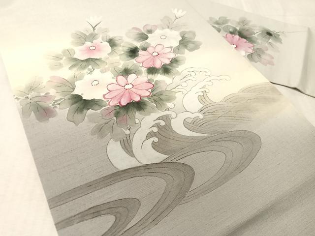 平和屋着物●九寸名古屋帯　手描き　紬地　立波花文　正絹　逸品　CABK4788vp