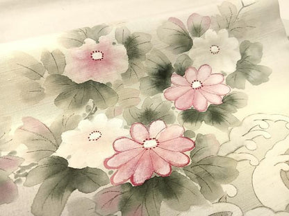平和屋着物●九寸名古屋帯　手描き　紬地　立波花文　正絹　逸品　CABK4788vp