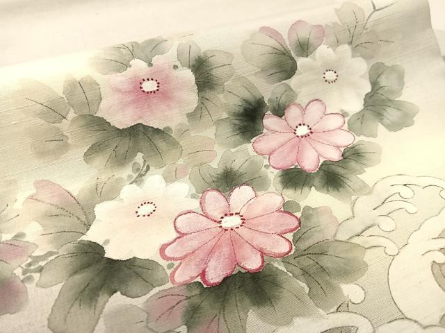 平和屋着物●九寸名古屋帯　手描き　紬地　立波花文　正絹　逸品　CABK4788vp