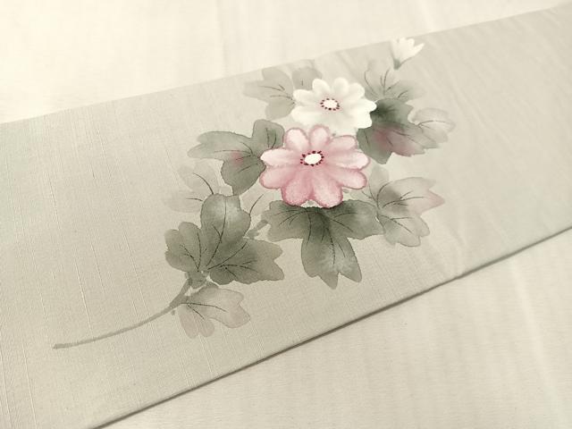 平和屋着物●九寸名古屋帯　手描き　紬地　立波花文　正絹　逸品　CABK4788vp