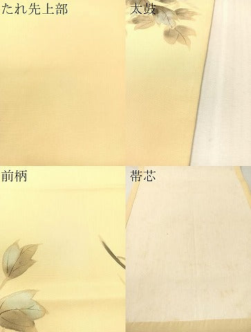平和屋着物●塩瀬　九寸開き名古屋帯　手描き　枝牡丹　正絹　逸品　CABK4792vp