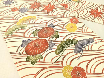 平和屋着物●塩瀬　全通柄　九寸名古屋帯　紅型　立波花松文　正絹　逸品　CABK4794vp