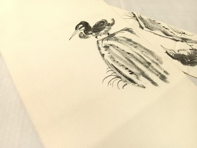 平和屋着物●九寸名古屋帯　作家物　手描き　休み鳥　正絹　逸品　CABK4799vp