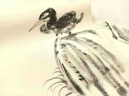 平和屋着物●九寸名古屋帯　作家物　手描き　休み鳥　正絹　逸品　CABK4799vp