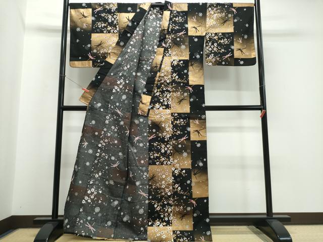 平和屋着物∴夏物　浴衣　綿紅梅　市松朝顔蜻蛉　金彩　綿　逸品　CABK5201ng