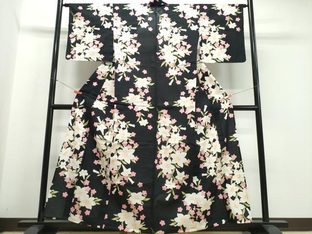平和屋着物∴夏物　浴衣　百合　舞桜　黒地　綿　逸品　CABK5205ng