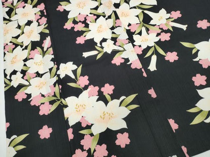 平和屋着物∴夏物　浴衣　百合　舞桜　黒地　綿　逸品　CABK5205ng