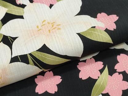 平和屋着物∴夏物　浴衣　百合　舞桜　黒地　綿　逸品　CABK5205ng