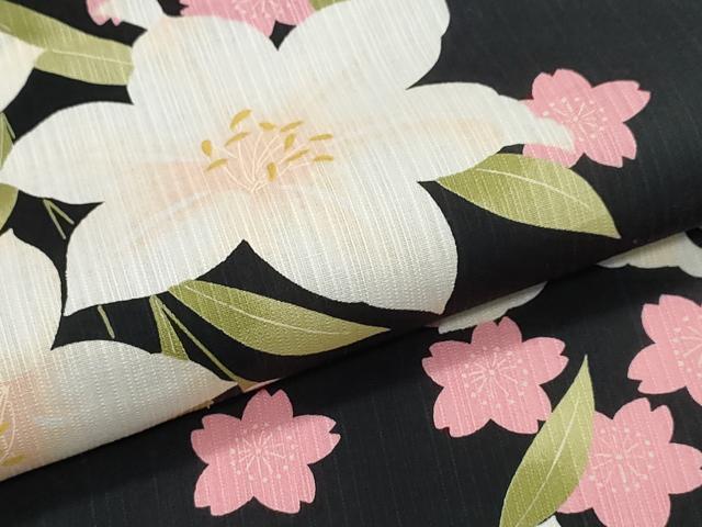 平和屋着物∴夏物　浴衣　百合　舞桜　黒地　綿　逸品　CABK5205ng