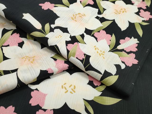 平和屋着物∴夏物　浴衣　百合　舞桜　黒地　綿　逸品　CABK5205ng