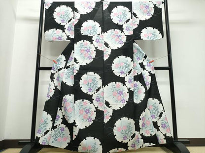 平和屋着物∴夏物　浴衣　雪輪草花文　黒地　綿　逸品　CABK5208ng