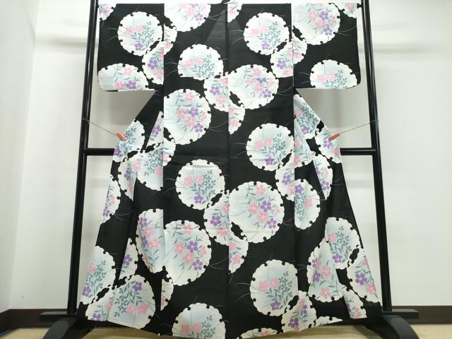 平和屋着物∴夏物　浴衣　雪輪草花文　黒地　綿　逸品　CABK5208ng